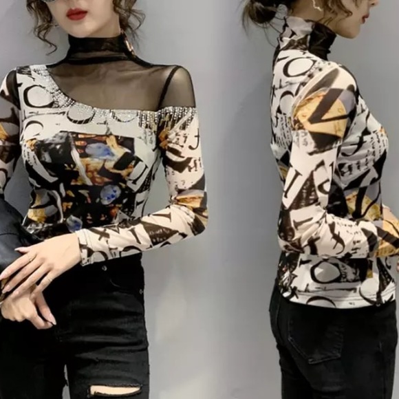 🎉 Pre Order New Black Sheer Mesh Color Bloc Print Turtleneck Top - Picture 2 of 9